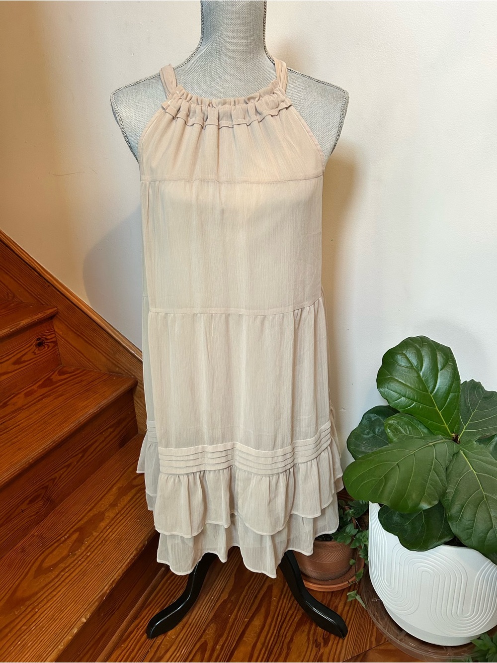 Women’s Cream Midi Dress - Sleeveless Ruffle Tiered Design
